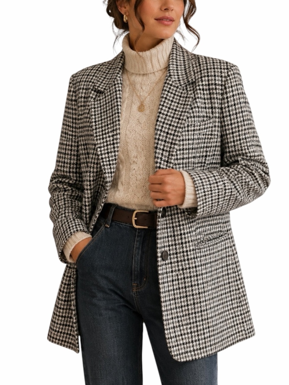 Sage Harbor Vintage 90s Wool Houndstooth Blazer 10 Oversized Black Gray Check